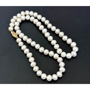 14K Yellow Gold Genuine 7MM Cream Pearls Hand Knotted Strand Necklace 18"